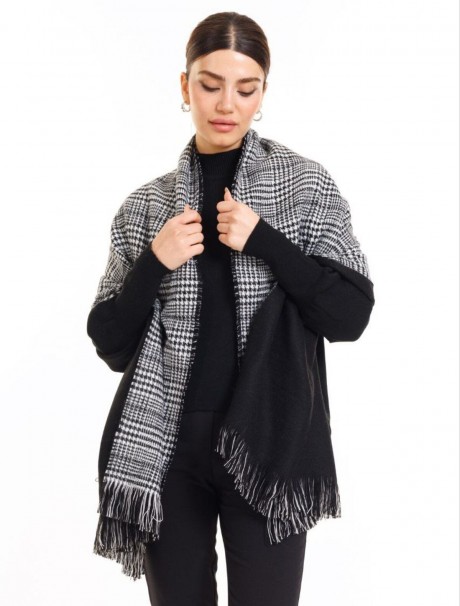 Çift Taraflı Ekoseli Yünlü Omuz Şalı - 70x190cm - Kışlık Şal