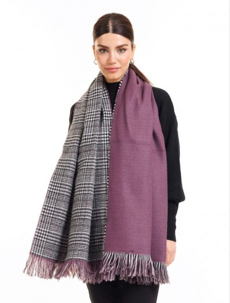 Çift Taraflı Ekoseli Yünlü Omuz Şalı - 70x190cm - Kışlık Şal